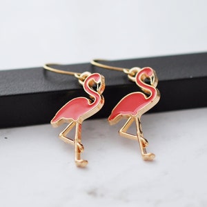 Flamingo Earrings, Pink Earrings, Bird Earrings, Gold Drop Earrings, Tropical Earrings, Enamel Earrings, Earrings for Women, Gift for Her