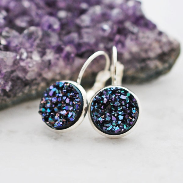 Purple Leverback Earrings, Druzy Earrings, Purple Earrings, Faux Druzy Earrings, Drop Earrings, Silver Earrings, Druzy Jewelry, Gift For Her