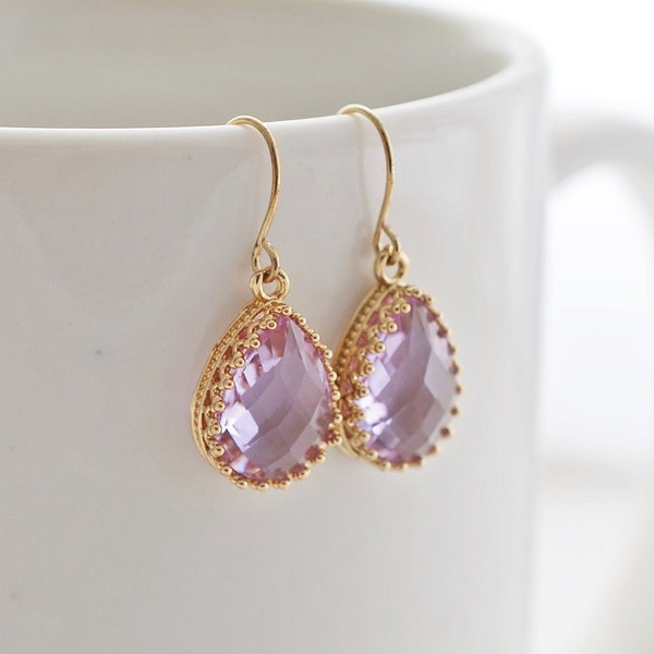 Light Purple Earrings, Purple Drop Earrings, Crystal Earrings, Teardrop Earrings, Light Gold Earrings, Earrings for Women, Gifts for Her