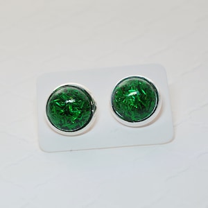 Emerald Green Glitter Studs: Silver Plated Tinsel Earrings