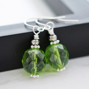 Green Czech Glass Earrings, Green Drop Earrings, Green Dangle Earrings, Vintage Glass Earrings, Silver Earrings, Earrings for Women, For Her