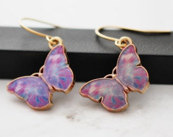Purple Butterfly Earrings: Gold Enamel Insect Jewelry