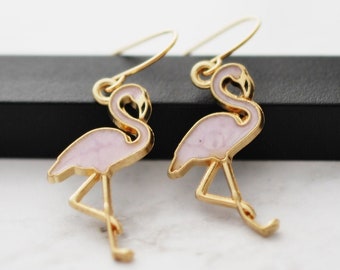 Pink Flamingo Earrings, Pink Earrings, Flamingo Jewelry, Bird Earrings, Pink Drop Earrings, Tropical Earrings, Gold Earrings, Flamingo Gifts