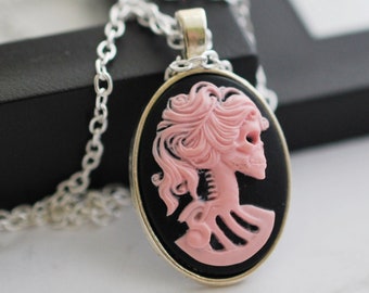 Pink Skeleton Cameo, Skeleton Necklace, Skeleton Jewelry, Cameo Necklace, Silver Necklace, Cameo Jewelry, Gothic Cameo, Necklaces for Women