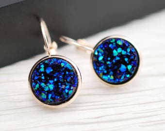 Blue Rose Gold Earrings, Blue Earrings, Rose Gold Jewelry, Blue Druzy Earrings, Druzy Earrings, Faux Druzy Earrings, Faux Druzy, Rose Gold
