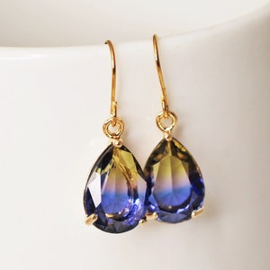 Blue and Yellow Ombre Earrings, Blue Drop Earrings, Blue Glass Earrings, Teardrop Earrings, Light Gold Earrings, Earrings for Women, For Her