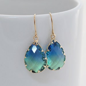Blue and Green Ombre Glass Earrings, Light Gold Drop Earrings, Glass Teardrop Dangle Earrings, Earrings for Women, Jewelry Gifts for Women