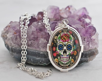 Sugar Skull Necklace: Colorful Calavera Cameo, Gothic Jewelry