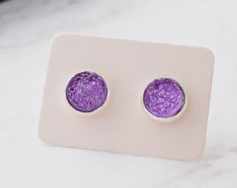 Light Purple Earrings, Small Stud Earrings, Purple Druzy Earrings, Faux Druzy Earrings, Druzy Studs, Silver Earrings, Earrings for Women