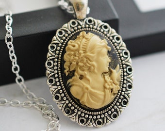 Victorian Lady Cameo Pendant Necklace, Black and Ivory Vintage Style Cameo Necklace, Cameo Jewelry, Silver Cameo Necklaces for Women