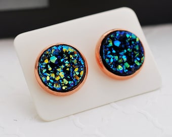 Rose Gold Faux Druzy Stud Earrings: Metallic Blue Green