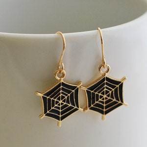 Light Gold and Black Enamel Spiderweb Earrings, Halloween Dangle Earrings, Gold Web Earrings for Women, Spooky Halloween Theme Party Jewelry