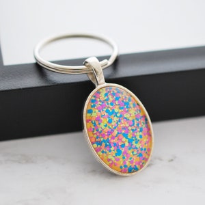 Neon Glitter Glass Keychain: Silver Key Ring Purse Charm