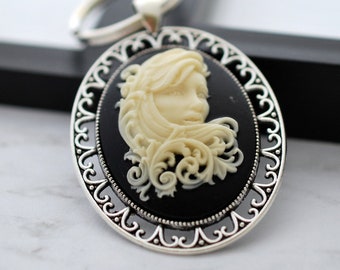 Goddess Keychain, Cameo Keychain, Goth Girl, Lolita, Black Keychain, Gothic Keychain, Black and Ivory, Cameo, Key Chain, Gift Idea, For Her