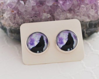 Purple Wolf Studs, Animal Earrings, Howling Wolf, Wolf Jewelry, Wolves, Purple Earrings, Purple Studs, Glass Studs, Silver Earrings, For Her