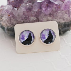 Purple Wolf Studs, Animal Earrings, Howling Wolf, Wolf Jewelry, Wolves, Purple Earrings, Purple Studs, Glass Studs, Silver Earrings, For Her