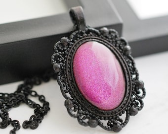 Pink Necklace, Black and Pink Pendant Necklace, Glitter Pendant, Black Chain Necklace, Gothic Necklace, Necklaces for Women, Gifts for Her