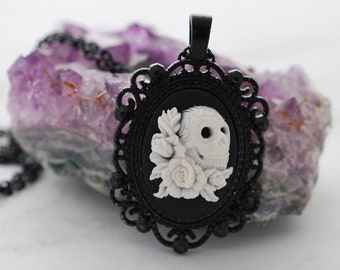 Skull Rose Cameo, Skull Necklace, Cameo Jewelry, Skull Gift, Black Necklace, Cameo Necklace, Rose Necklace, Pendant Necklace, Rose Jewelry