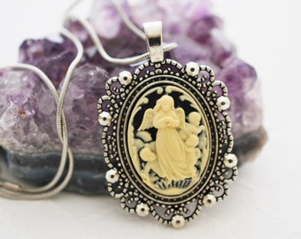 Collier camée ange : pendentif gothique antique en argent, chaîne en acier inoxydable