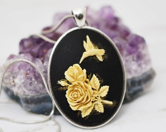 Hummingbird Cameo Necklace: Hand-Painted Floral Pendant, Antique Silver