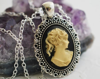 Victorian Girl Cameo Necklace: Hand-Painted Resin Pendant, Silver Plated