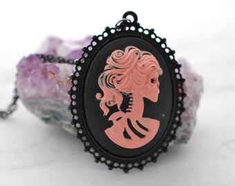 Pink Skeleton Necklace, Skeleton Girl, Skeleton Jewelry, Pink Cameo Necklace, Black Necklace, Pendant Necklace, Gothic Necklace, Gothic Gift