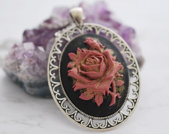 Rose Cameo Necklace, Pink Rose Necklace, Rose Jewelry, Cameo Jewelry, Flower Cameo, Floral Necklace, Black Necklace, Gift for Her, For Mom