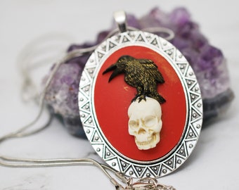 Red Raven Pendant, Red Raven Cameo, Red Raven Necklace, Black Raven, Cameo Necklace, Gothic Jewelry, Skull Necklace, Gothic Gifts, For Her