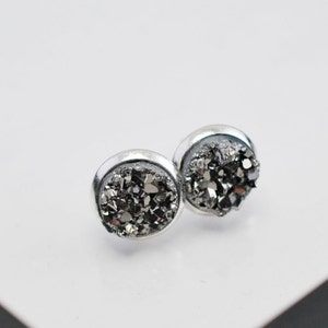 Dark Silver Druzy Earrings, 8mm Druzy Earrings, Small Druzy Earrings, Faux Druzy Earrings, Metallic Stud Earrings, Faux Plugs, Free Shipping