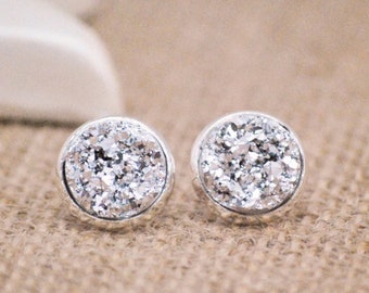 Silver Druzy Earrings, Druzy Stud Earrings, Large Druzy Earrings, Raw Crystal, Faux Druzy Earrings, Silver Stud Earrings, Faux Plugs, Drusy