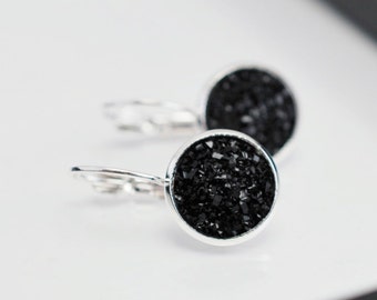 Black Earrings, Black Druzy Earrings, Druzy Earrings, Faux Druzy Earrings, Leverback Earrings, Black Drop Earrings, Silver Earrings, For Her