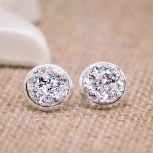Silver Druzy Stud Earrings: Faux Crystal, Bridesmaid Jewelry