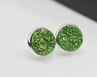 Green Glitter Druzy Stud Earrings: Silver Plated, 12mm
