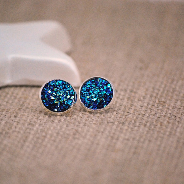 Blue Moon Studs, Space Rocks Studs, Blue Druzy Studs, Drusy Studs, Silver Studs, Drusy Earrings, Faux Plugs, Blue Drusy Earrings,Space Studs