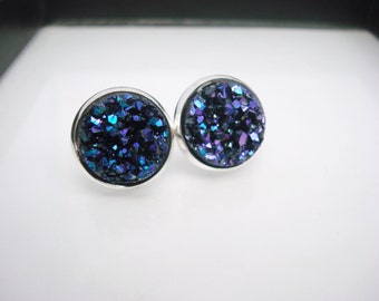 Purple Blue Druzy Earrings, Faux Druzy Earrings, Purple Earrings, Druzy Studs, Purple Blue Drusy, Faux Plugs, Purple Earrings, Silver Studs