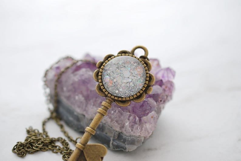 Silver Antique Brass Key Pendant Necklace, Silver Glitter Key Necklace