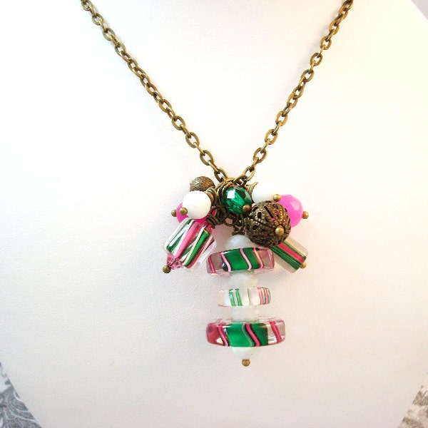 Green Antique Brass Necklace, Pink and Green Necklace, Long Necklace, Beaded Necklace, Cluster Necklace, David Christensen Furnace Glass