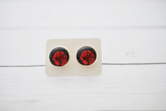 Boucles D'oreilles Clous En Forme De Rose Rouge - Fermoirs En Argent 925, Jamais Portées, Avec étiquettes