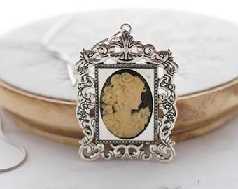 Victorian Girl Cameo Pendant Necklace: Antique Silver & Ivory