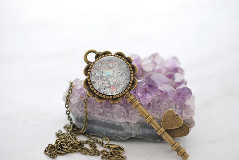 Silver Antique Brass Key Pendant Necklace, Silver Glitter Key Necklace