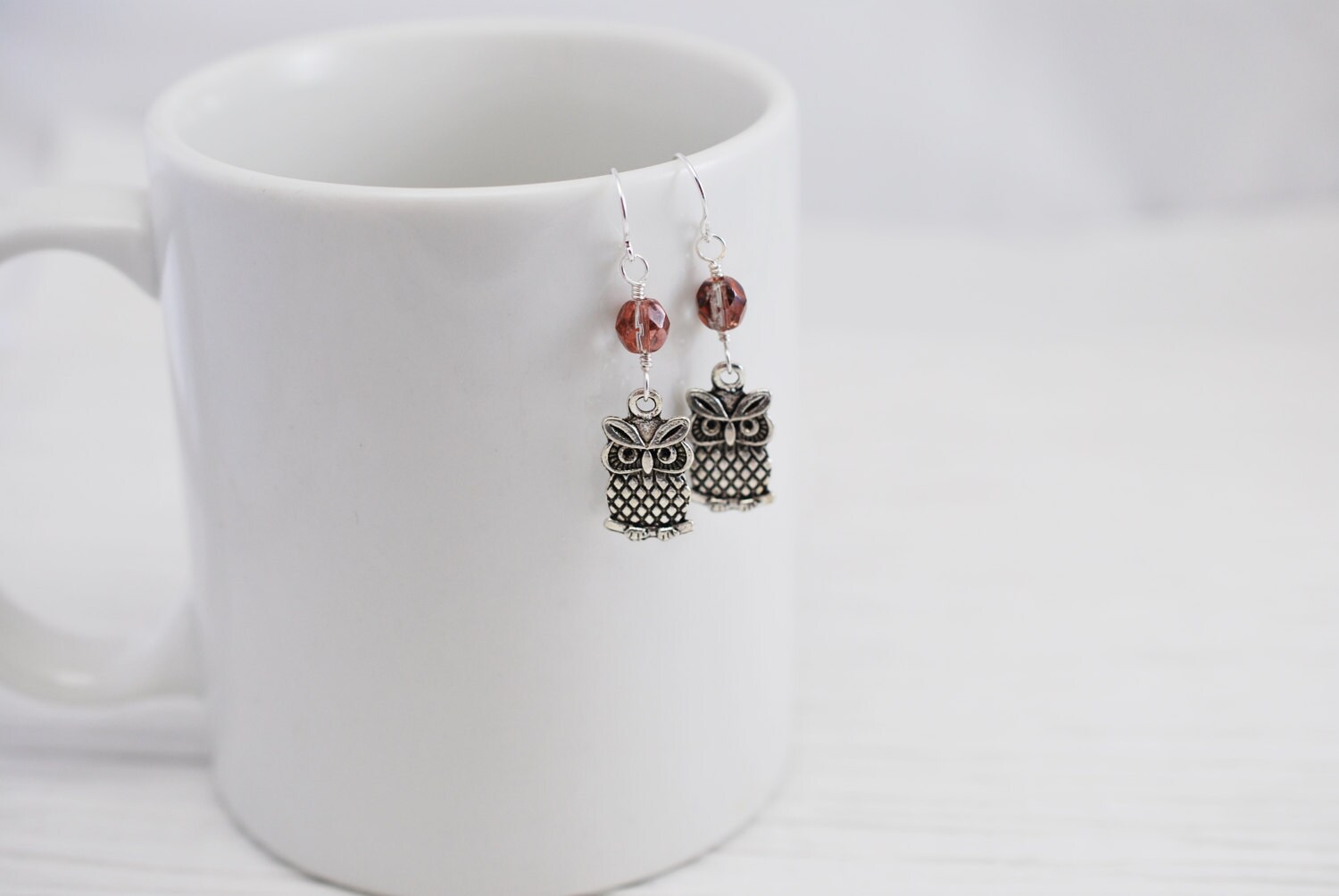 Silver Owl Charm Earrings: Rose Gold Czech Glass Beads