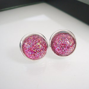 Pink Sparkle Earrings, Stud Earrings, Pink Earrings, Pink Studs, Glitter Earrings, Silver Stud Earrings, Studs, Faux Plugs, Silver Earrings image 4