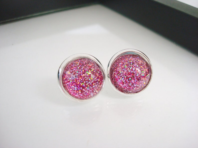 Pink Sparkle Earrings, Stud Earrings, Pink Earrings, Pink Studs, Glitter Earrings, Silver Stud Earrings, Studs, Faux Plugs, Silver Earrings image 4