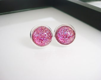 Magenta Pink Glitter Stud Earrings: Silver Plated, 12mm