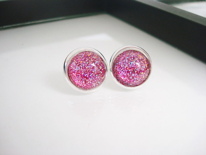 Pink Sparkle Earrings, Stud Earrings, Pink Earrings, Pink Studs, Glitter Earrings, Silver Stud Earrings, Studs, Faux Plugs, Silver Earrings image 1