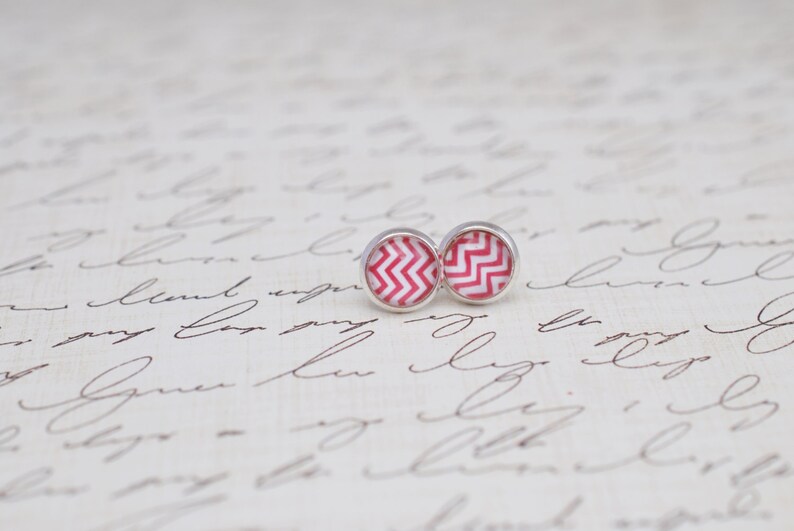 Red Stud Earrings Small Stud Earrings Glass Stud Earrings Chevron Stud Earrings 8mm Stud Earrings Silver Studs Red Chevron Earrings