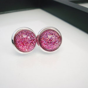 Pink Sparkle Earrings, Stud Earrings, Pink Earrings, Pink Studs, Glitter Earrings, Silver Stud Earrings, Studs, Faux Plugs, Silver Earrings image 2