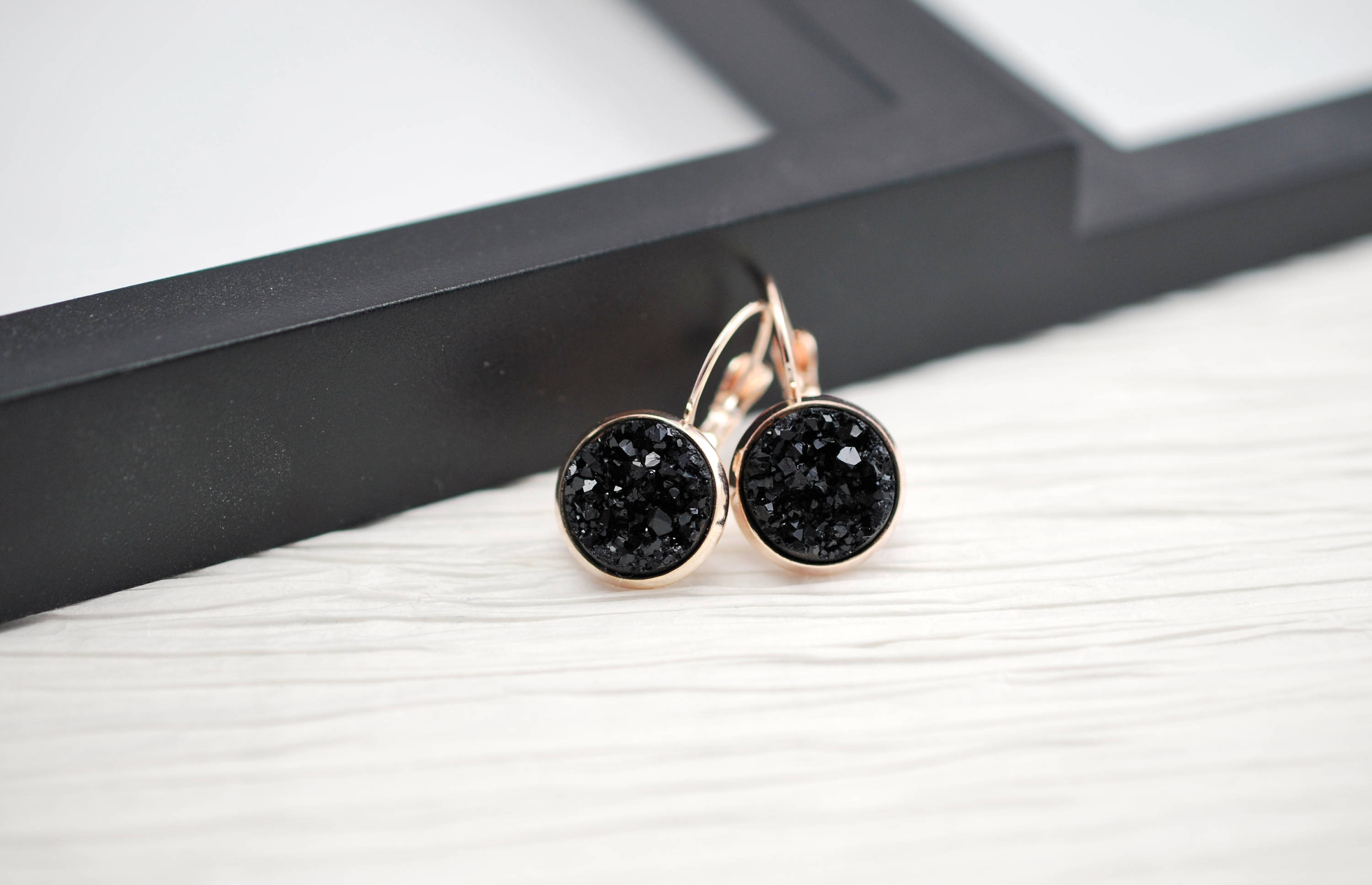 Black Rose Gold Earrings Black Earrings Rose Gold Druzy Lever Back Earrings Black Druzy Earrings Druzy Jewelry Rose Gold Jewelry