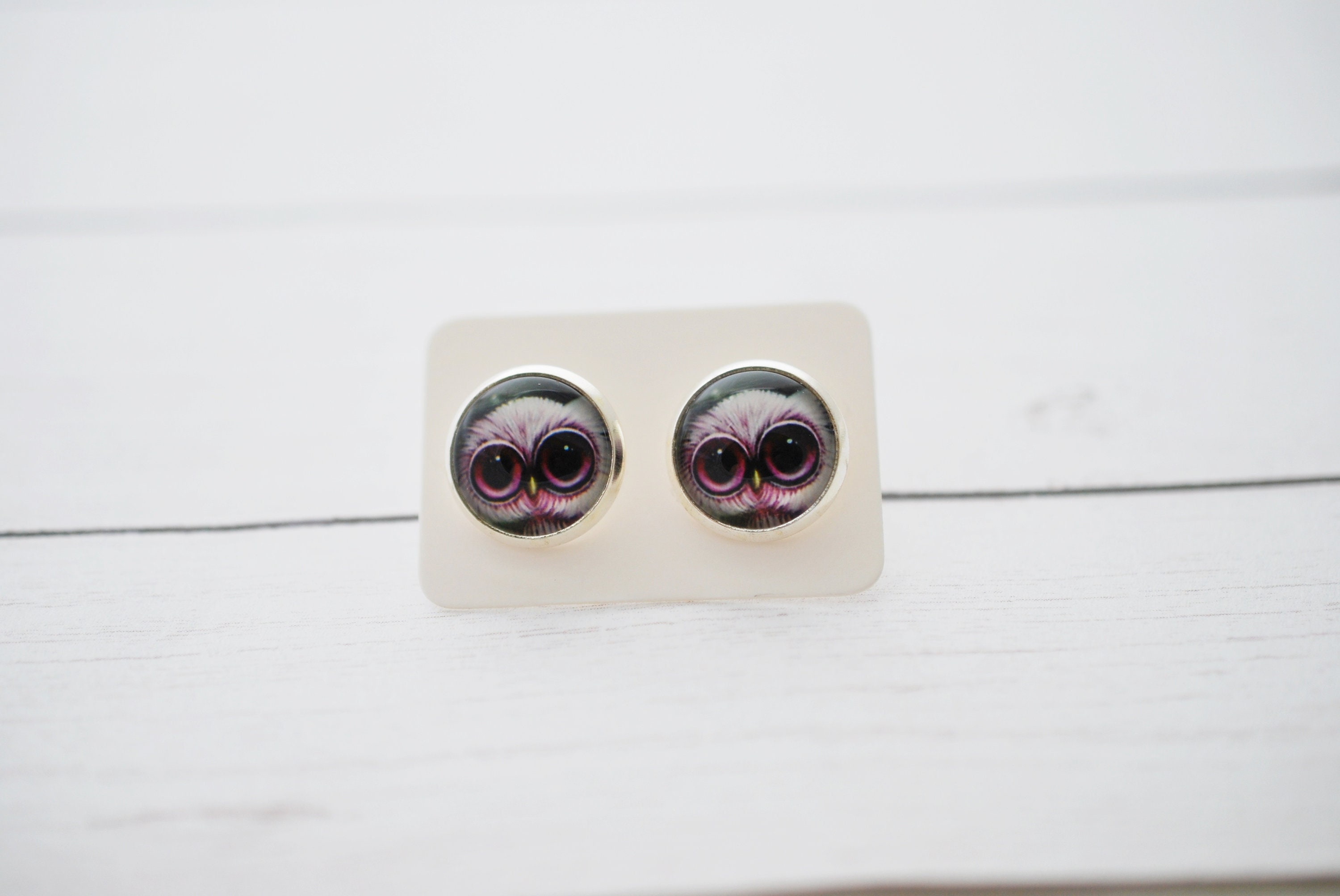 Owl Stud Earrings: Pink Owl Cabochons, Silver Posts