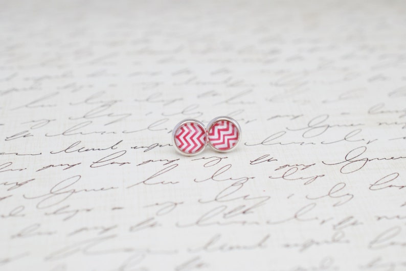 Red Stud Earrings Small Stud Earrings Glass Stud Earrings Chevron Stud Earrings 8mm Stud Earrings Silver Studs Red Chevron Earrings